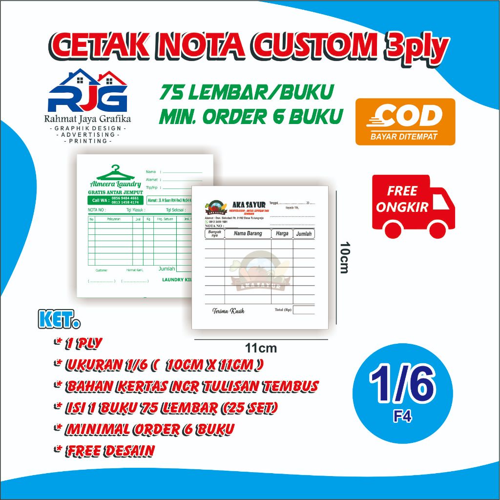 

Cetak Nota Custom Ukuran 1/6 Folio 3Ply Cetak Nota Laundri Free Desain Rahmat Jaya Grafika