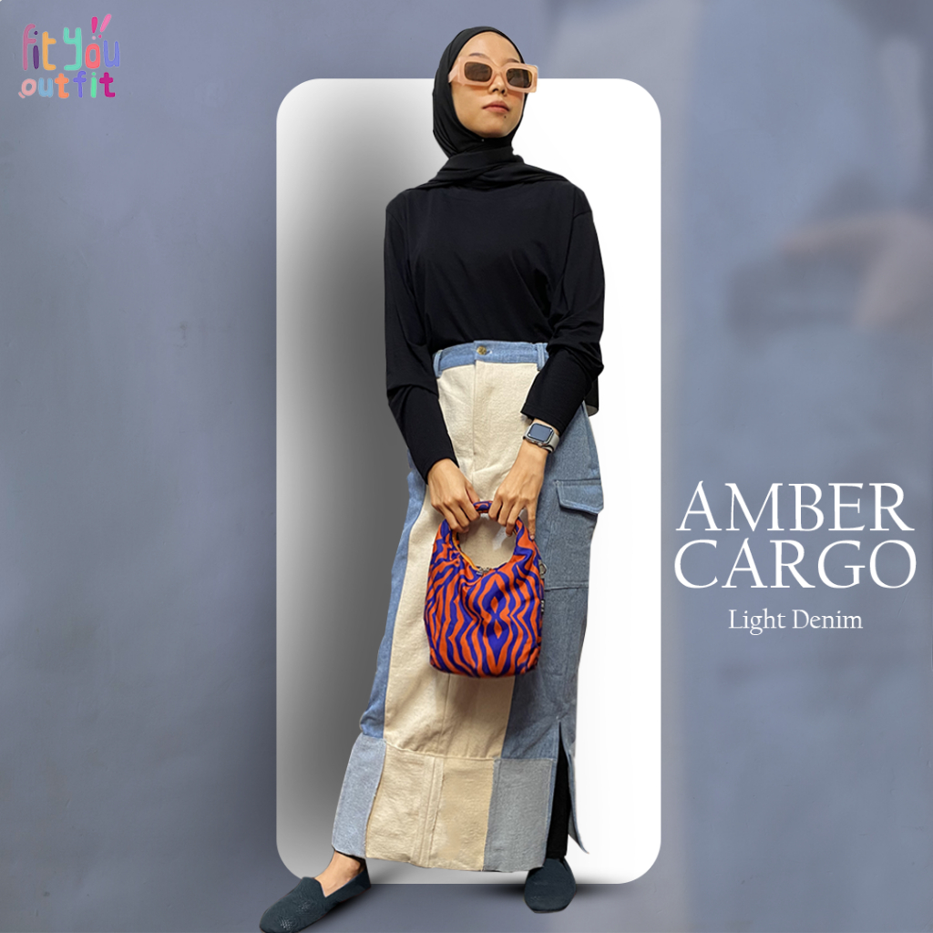 AMBER JEANS CARGO - Rok Jeans Cargo Wanita Korean Style Hijab Non Hijab Skirt Light Denim