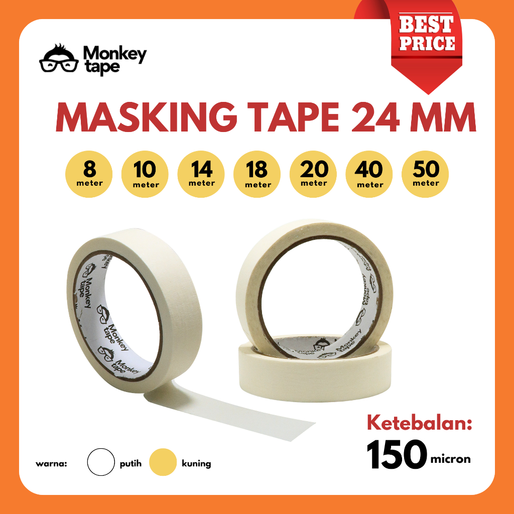 

Lakban Kertas Masking Tape Solvent 24 MM MERK MONKEY TAPE (KUALITAS PREMIUM, DAYA REKAT TINGGI, TIDAK MENINGGALKAN BEKAS)