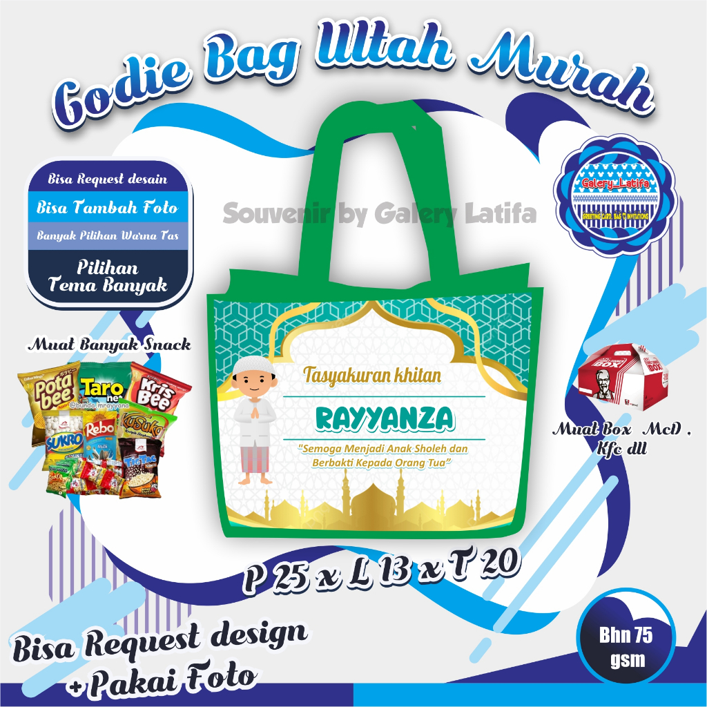 

Godiebag Tasyakuran Khitan custom desain dan bisa tambah foto, ( hampers tasyakuran khitan )