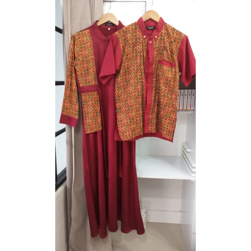 SET COUPLE NAURA GAMIS KOKO BATIK SILK KATUN PASANGAN MUSLIM MERAH MARUN PL PRELOVED