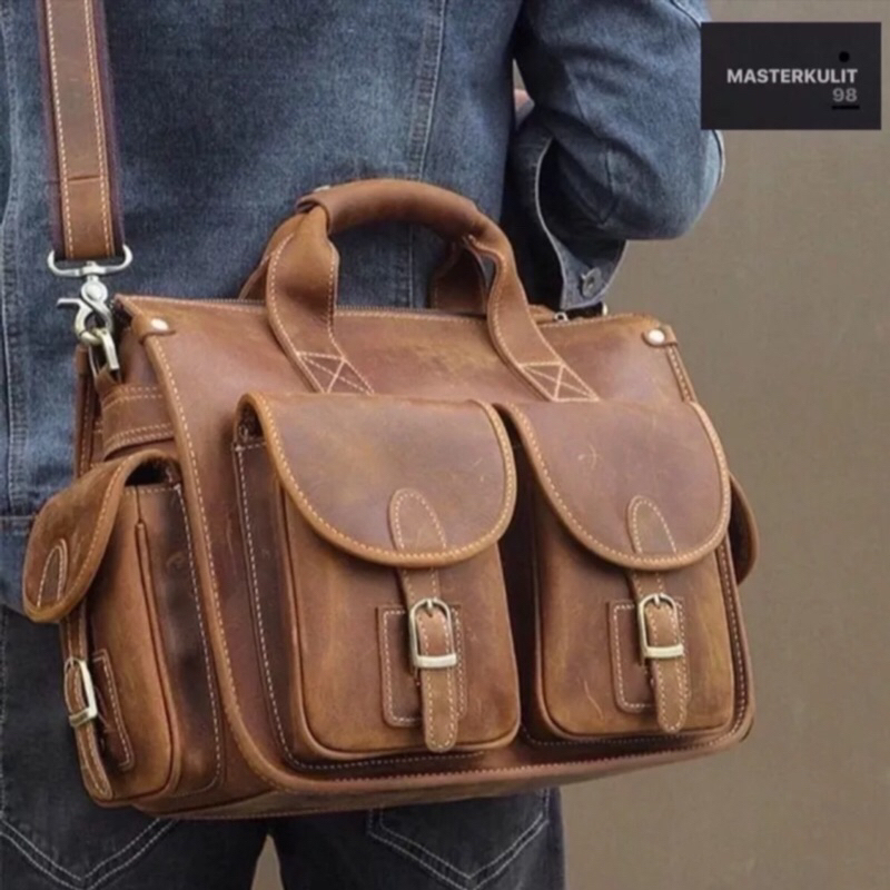 Tas kerja pria kulit asli crazy horse