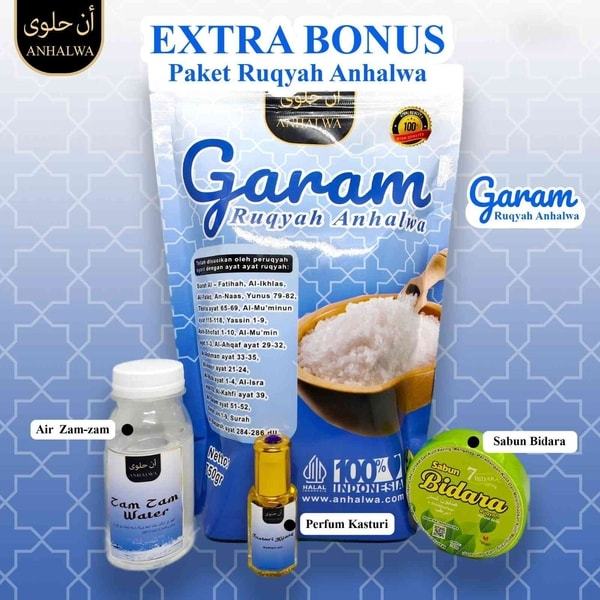 

Garam Ruqyah Anhalwa + Bonus Parfum Kasturi, Air Zam-zam, Sabun Bidara