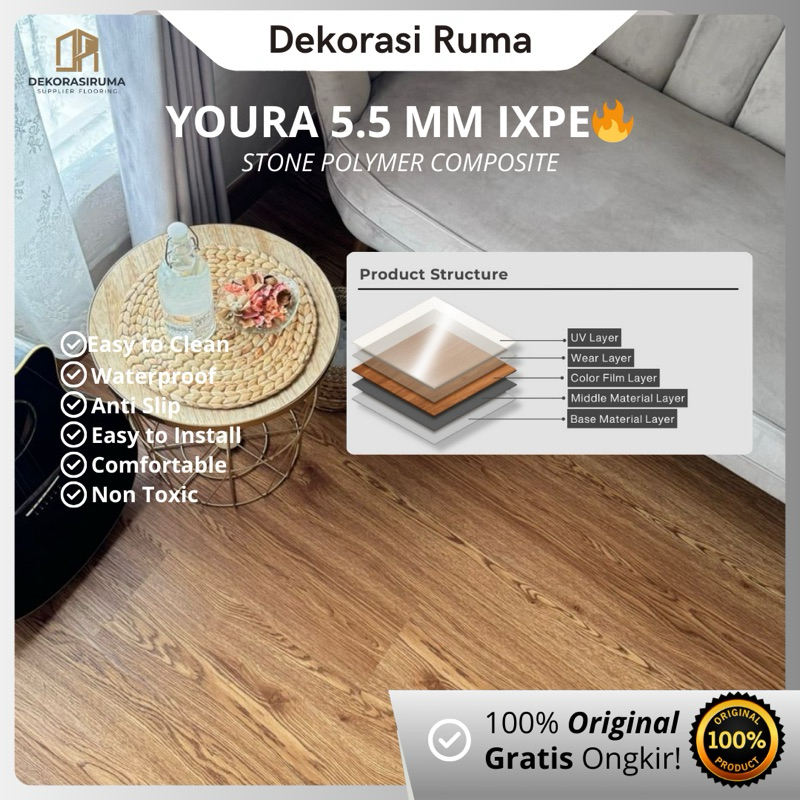 SPC VInyl Lantai tebal 5.5mm IXPE / Free Ongkir / Lantai SPC Vinyl / Click System / Tahan Air