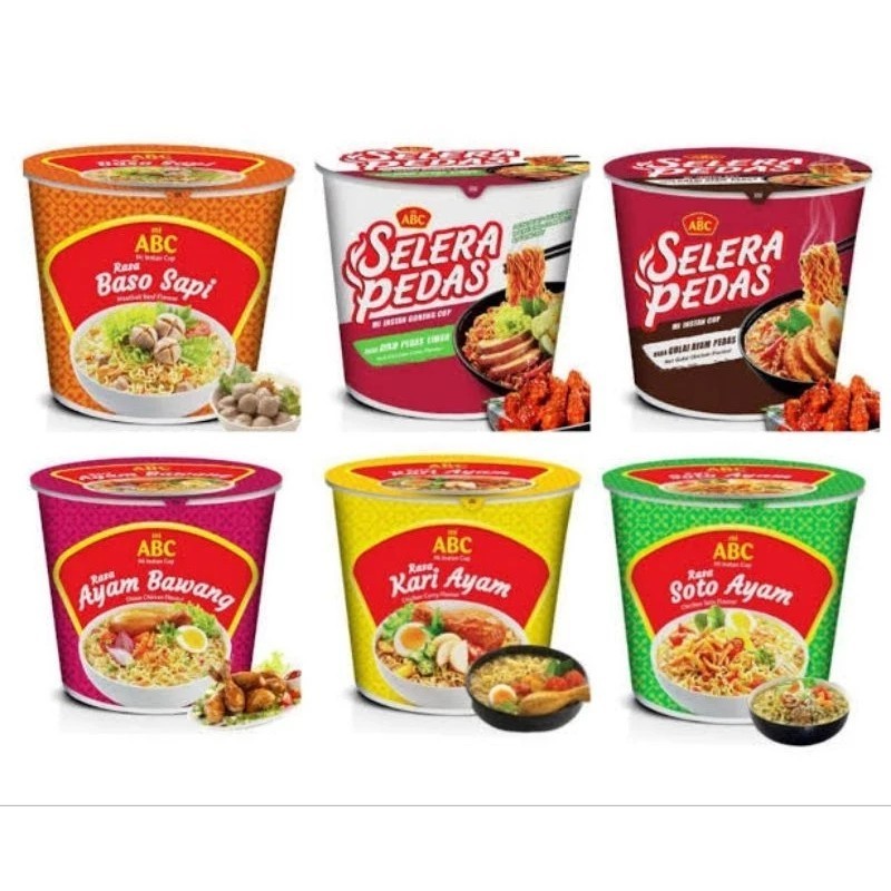 

ABC MIE INSTANT CUP GORENG / AYAM PEDAS LIMAU / KARI AYAM / AYAM BAWANG / SOTO AYAM / BASO SAPI / GULAI AYAM PEDAS