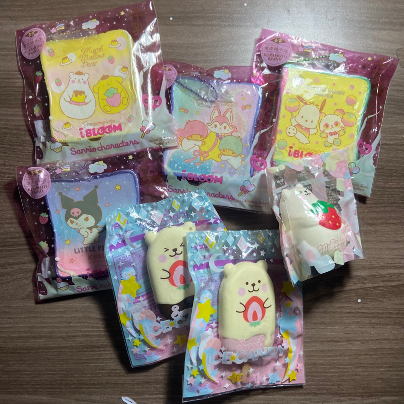 SQUISHY IBLOOM: Marshmallow Bear, Sweet Ice Candy Popsicle, Toast PomPomPurin, Toast Kuromi, Toast L