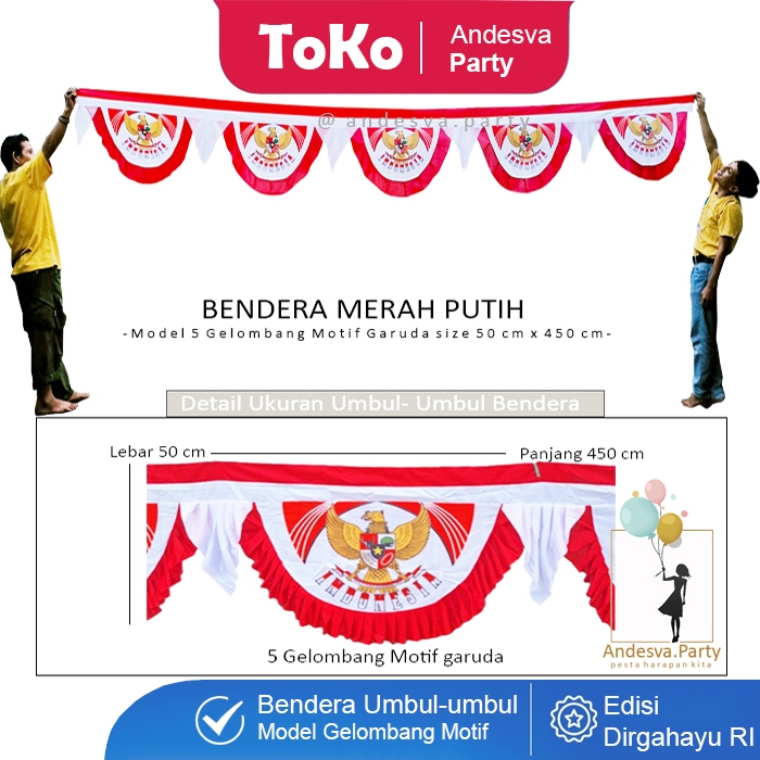 Bendera Merah Putih Gelombang motif garuda / Bendera Kain Merah Putih 5 Gelombang / Bendera
