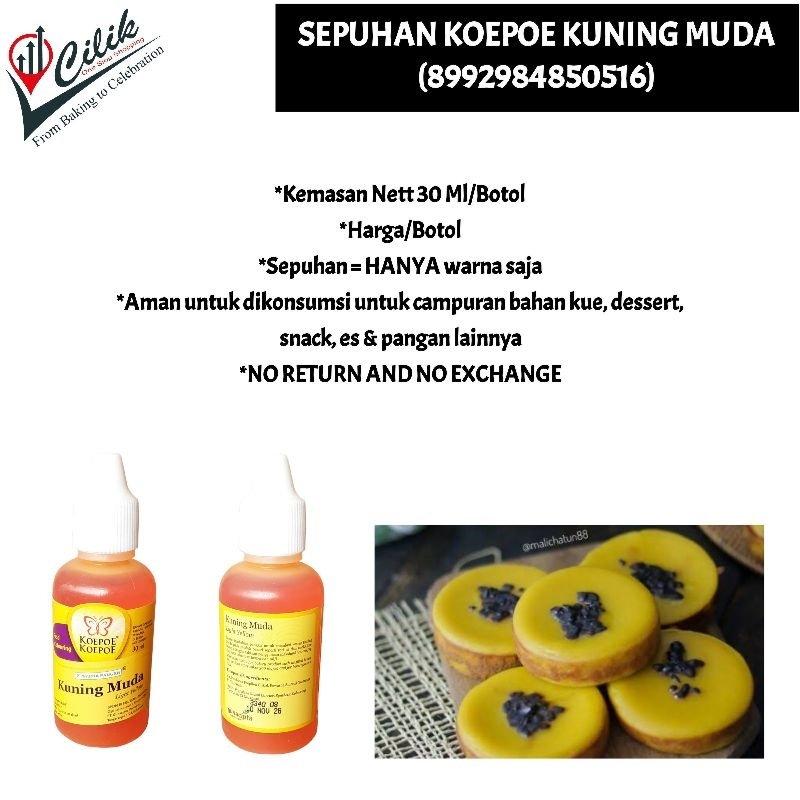 

sepuhan+color+cair+water+food grade+aman dikonsumsi+merk+koepoe+kupu+butterfly+warna+bahan+kue+adonan+roti+donat+makanan+masakan+cake+krim+buttercream+fondant+kuning muda