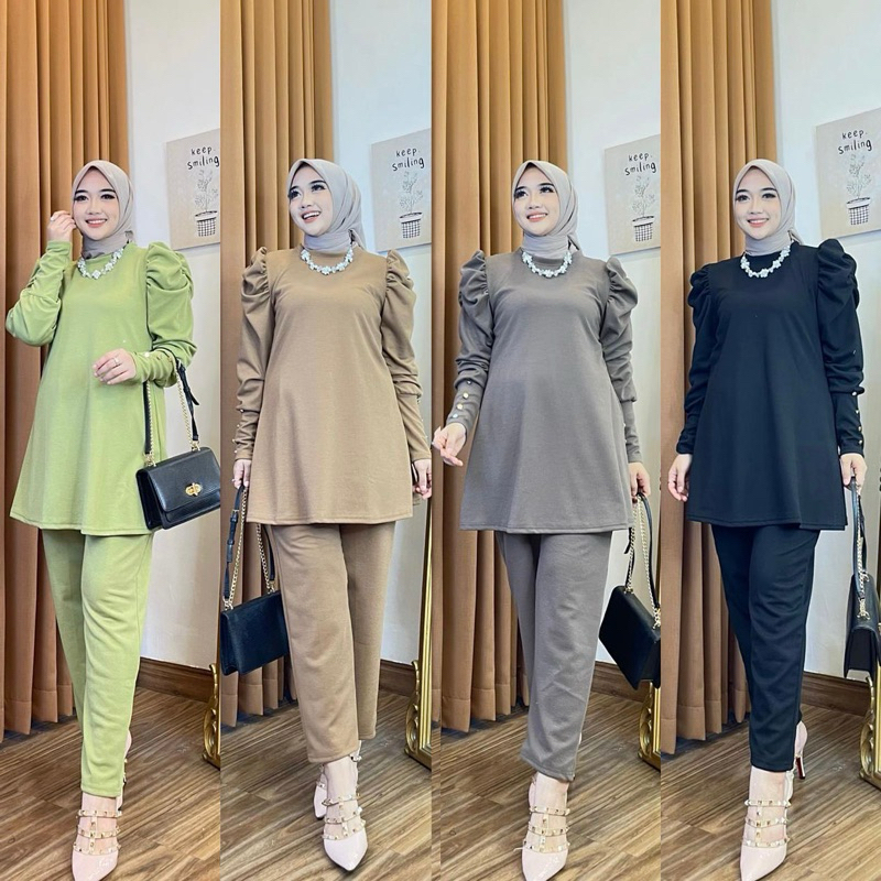TATAOS BANGKOK ZR THALIA SET BLOUSE PUFF BUTTON & CELANA KULOT HIGHWAIST TAG LABEL KNIT RAJUT STRECH