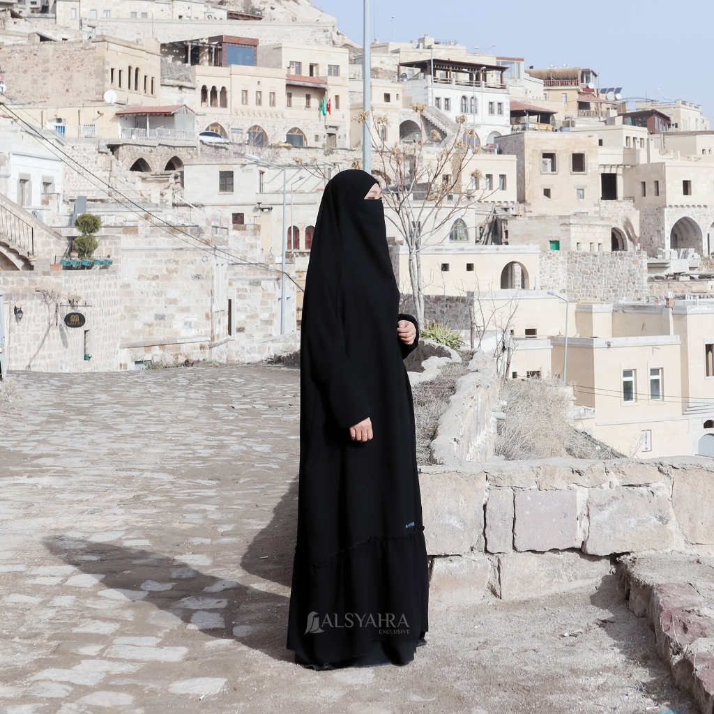 Alsyahra Exclusive - Long French Khimar Lengan Like Mukena Zahira Haramain Jetblack