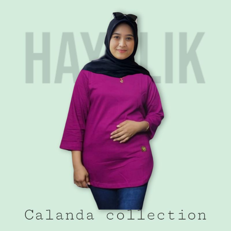 Fashion wanita terbaru hayylik atasan wanita lengan 7/8 magenta kaos oval