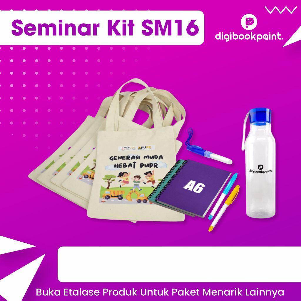 

Custom Souvenir Seminar kit isi Tas Blacu, Tumbler Colada, Notebook A6 Spiral, dan Pulpen Boss Jel/Tali