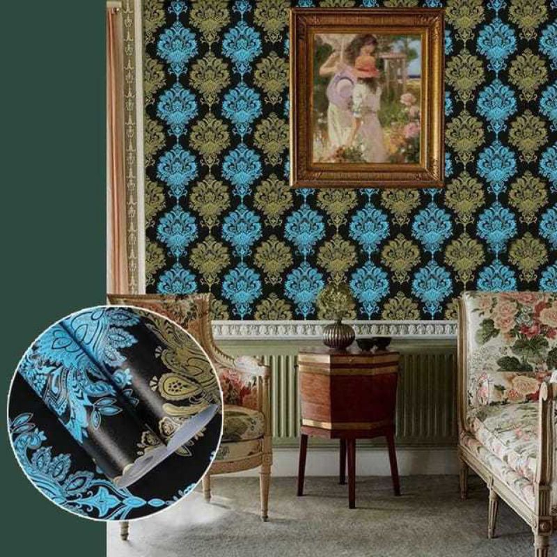 Wallpaper Sticker Dinding Motif Karakter Premium CY1003 Batik Emas Biru Termurah