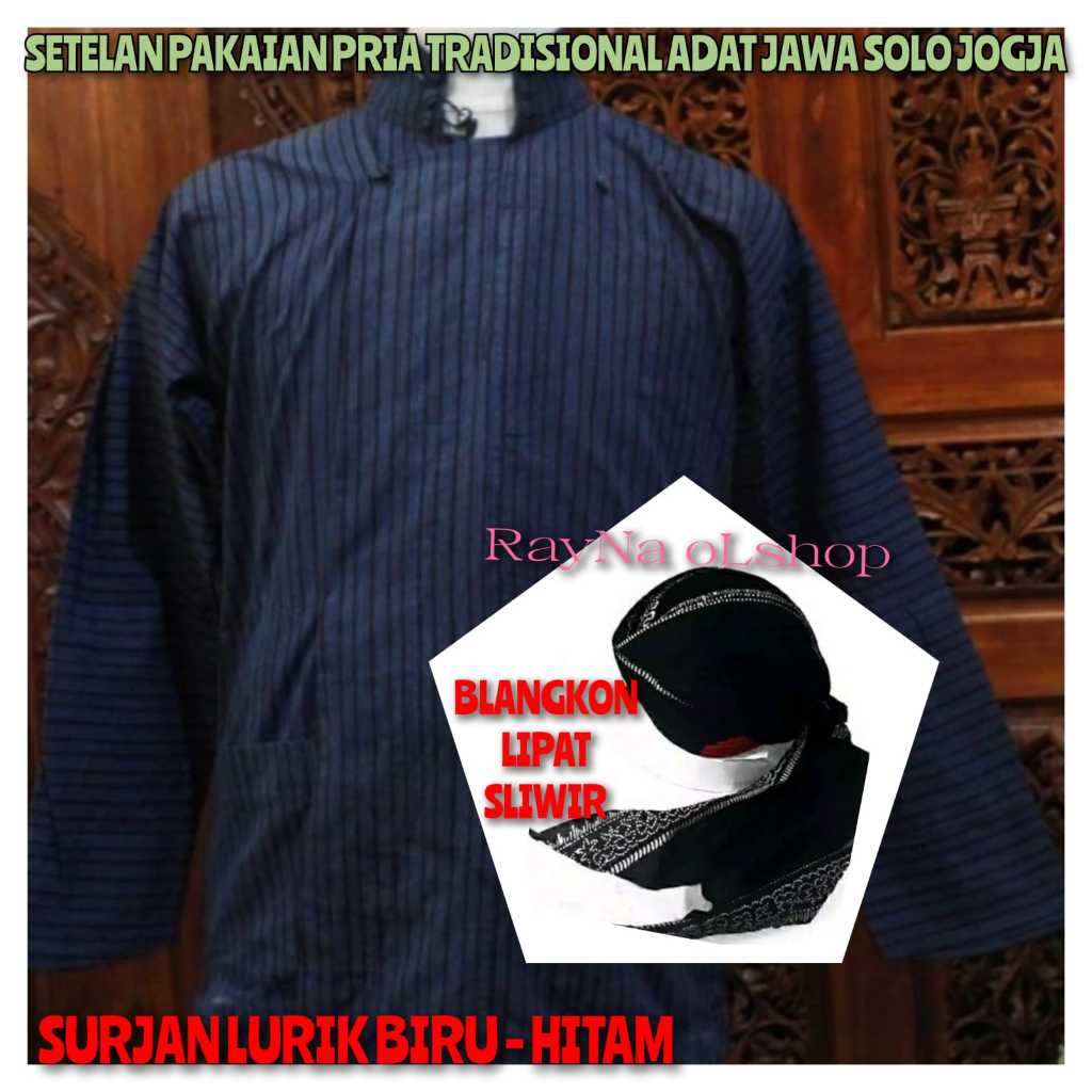 BAJU KEMEJA JAWA PRIA | SURJAN LURIK BIRU HITAM + BLANGKON LIPAT SLIWIR | SETELAN PAKET LENGKAP PAKA