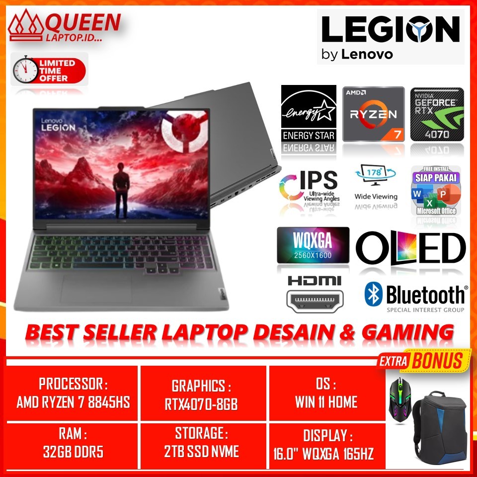 LENOVO LEGION SLIM 5 16 OLED AMD RYZEN 7 8845HS RTX4070-8GB RAM 32GB 2TB SSD WIN11 16.0" WQXGA 165HZ
