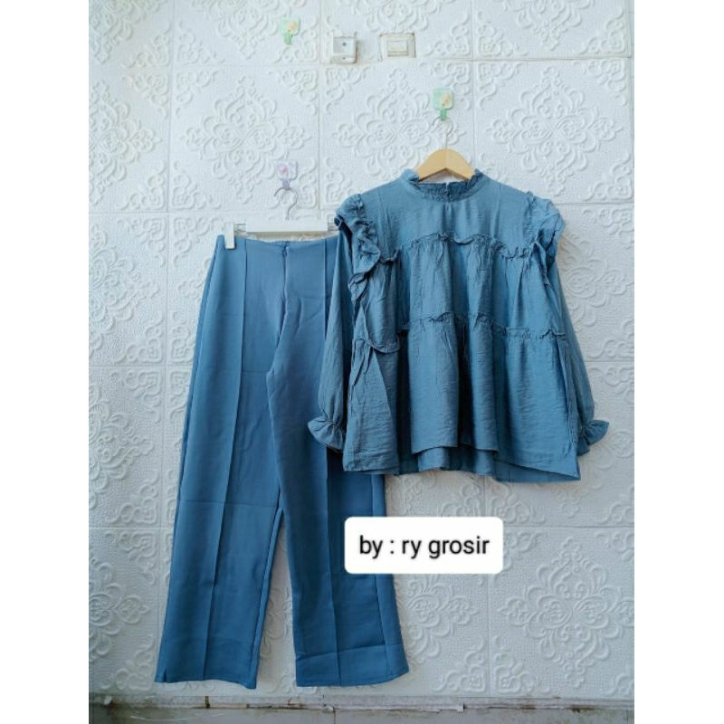 Setelan Wanita Blouse Katun Polin Celana Kulot Scuba Kekinian