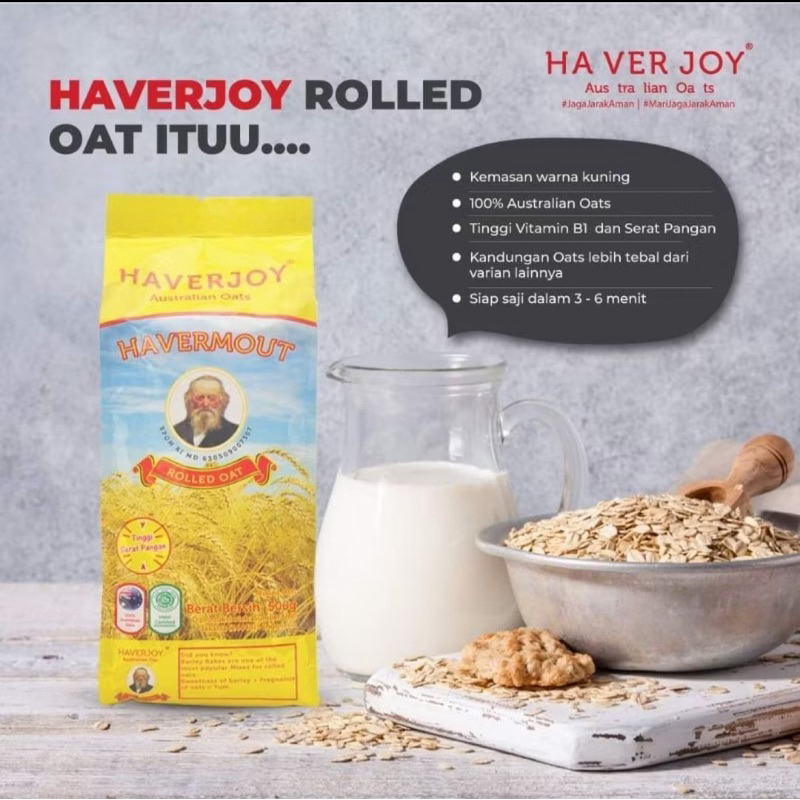 

Havermout Haverjoy Rolled Oats 500 gram Havermix Halal MUI