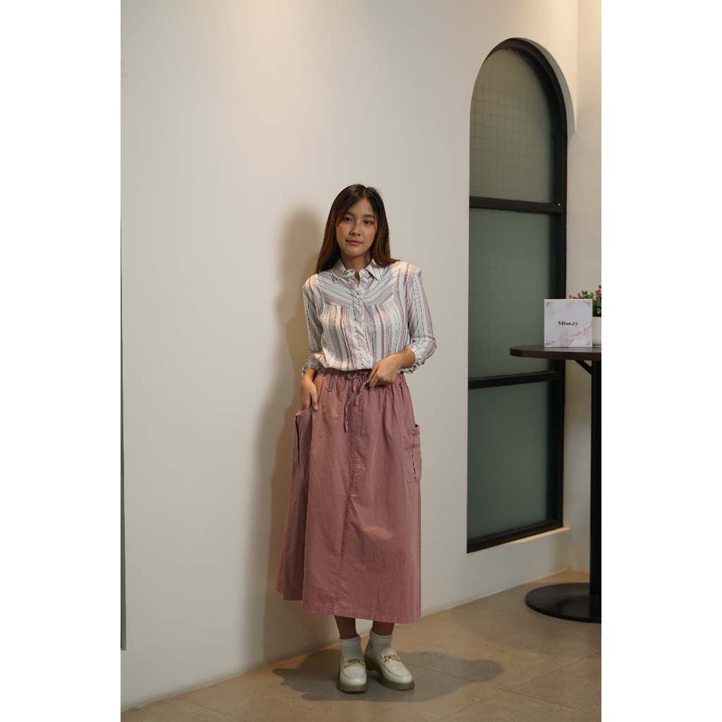Rok Missty Wanita Panjang Warna Pink (Rosemary 17) Kemeja Lengan Panjang Warna Putih Pink Motif Gari