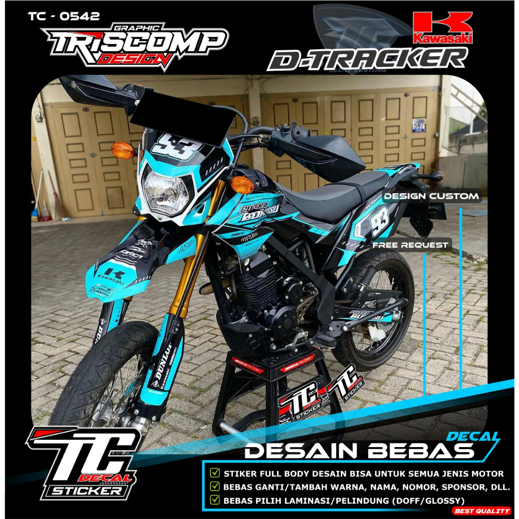 Sticker Decal KLX Dtracker 150 New bisa request motif simpel tosca biru muda Desain custom Nomor dan