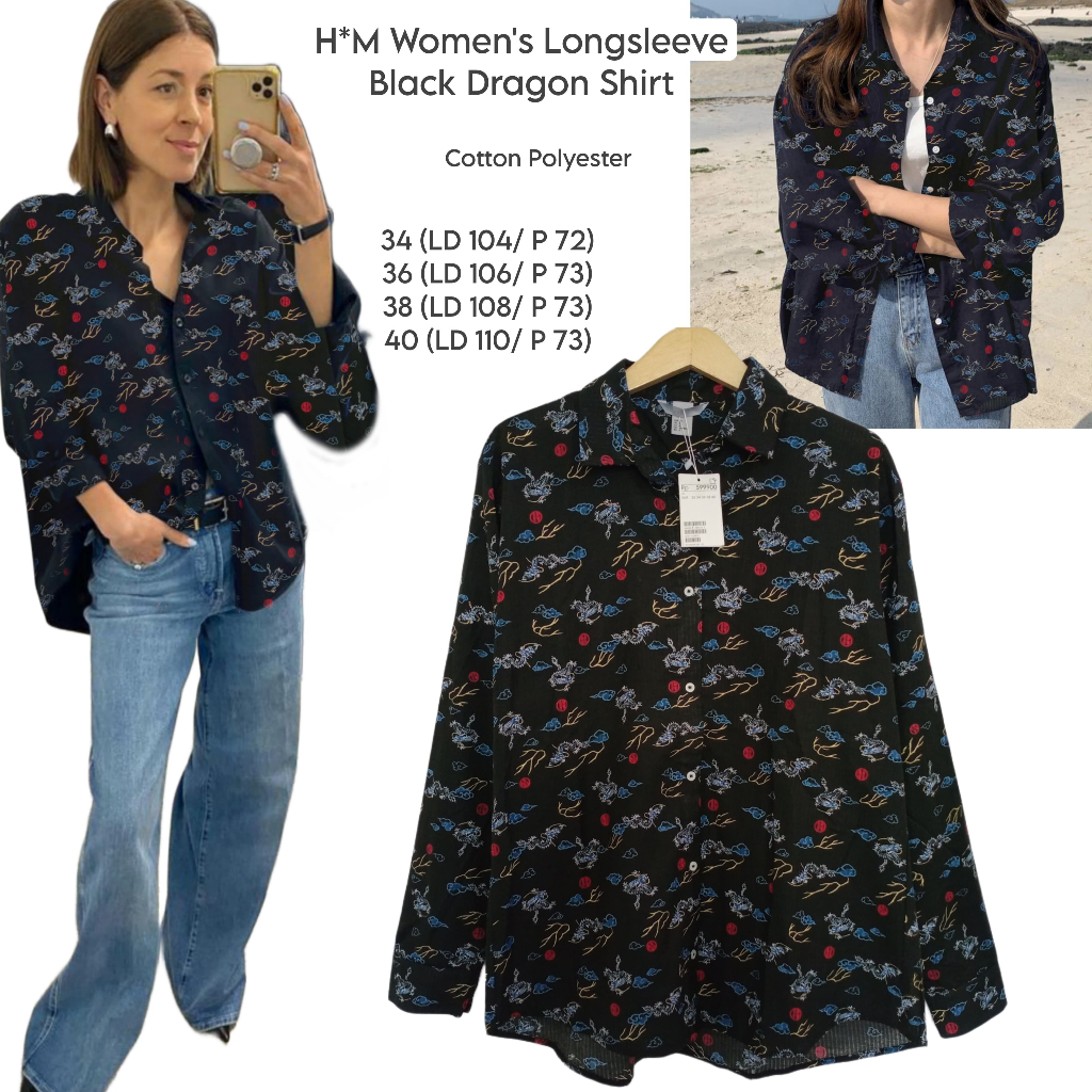 H*M women's longs leeve Black Dragon shirt/ kemeja wanita branded fulltag / kemeja wanita terbaru da