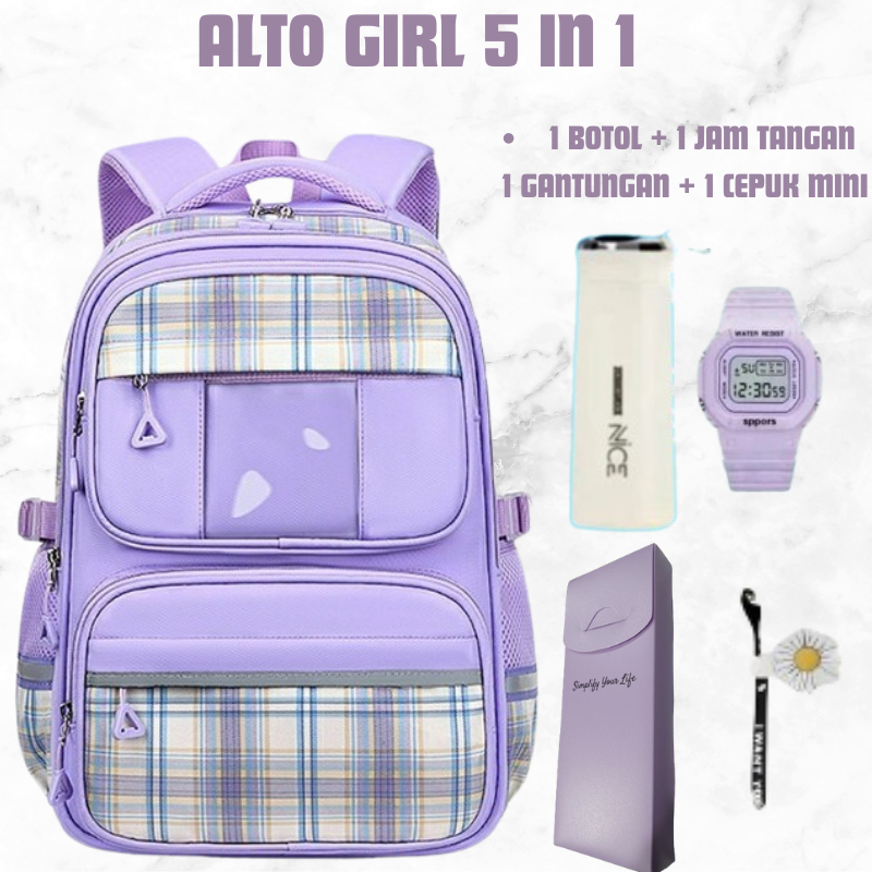 Tas Ransel Sekolah Anak Perempuan SD-SMP Motif Alto Girl Korean 5in1 Edisi Tempat Pensil Fashion