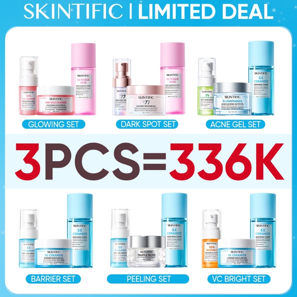 3PCS Paket SKINTIFIC Skincare SetToner  Serum  Moisturizer GelDay Night Cream  Makeup Removers  Acne