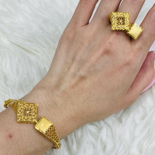 gelang plus cincin kotak siku kerawang elegant emas asli kadar 700