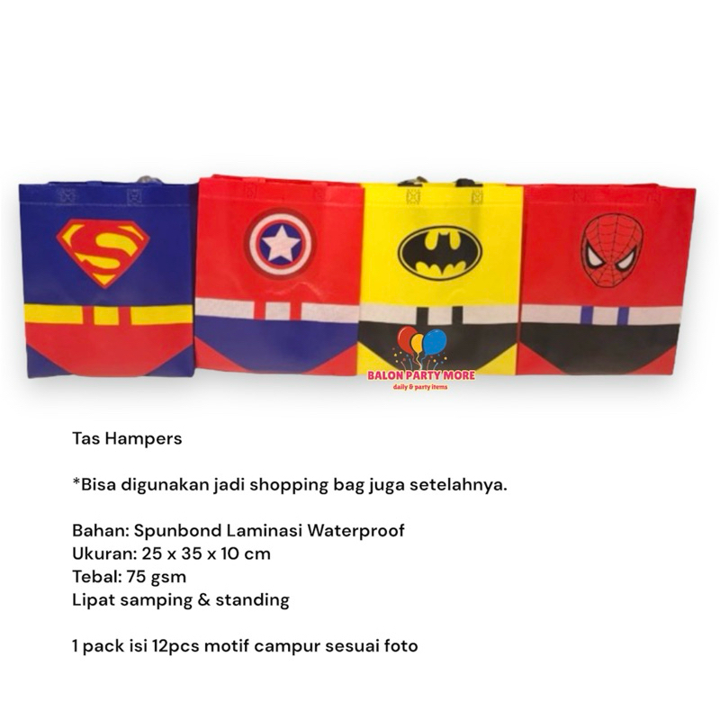 

(ISI 12 PCS SUPER HERO) TAS HAMPERS SOUVENIR BESAR BAHAN SPUNBOND LAMINASI UKURAN 25cm x 35cm x 10cm/ TAS SERBAGUNA ANTI AIR MURAH