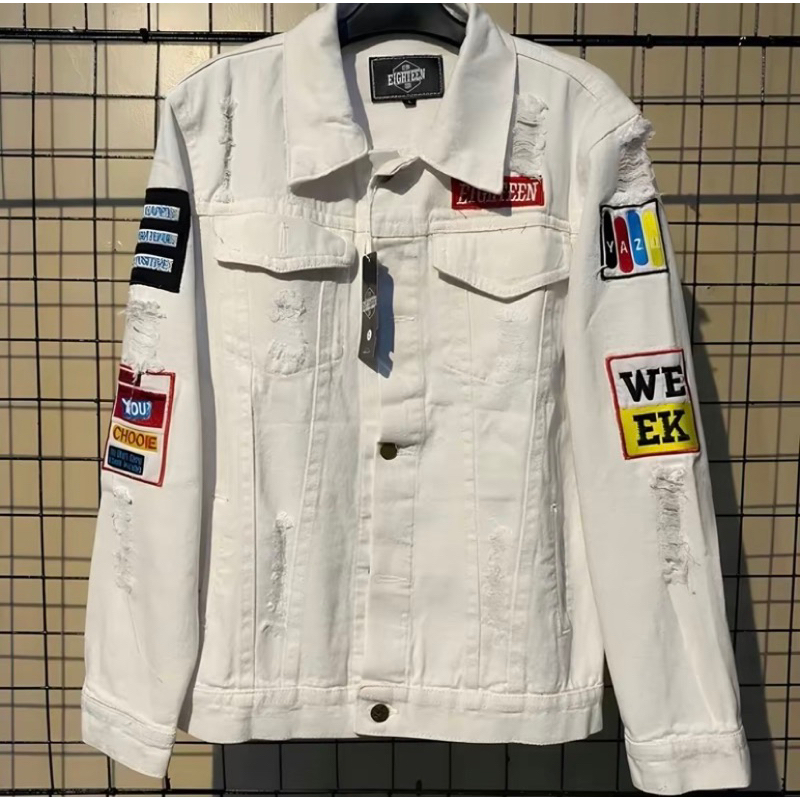 JACKET PRIA CASUAL JEANS EMBLEM BORDIRAN WARNA PUTIH BW