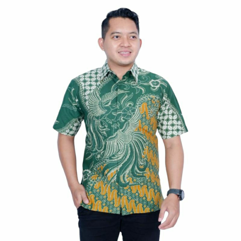 Kemeja batik hijau pendek reguler size Batik Pria Modern Lapis Furing Batik Lengan Pendek Hijau
