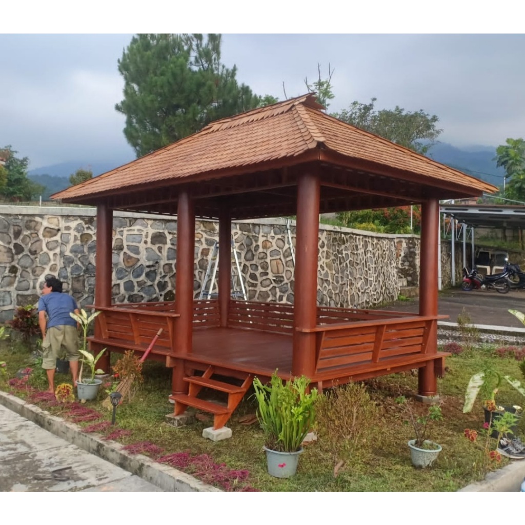 Saung Taman Ukuran 4 x 2 Meter Kayu Kelapa Atap Sirap Kayu Ulin | Gazebo Besar Model 6 Tiang Desain 