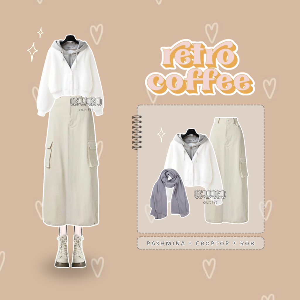 Kuki Outfit - Oneset Wanita Korean Style (Croptop Hoodie Korean Rok Cargo) Kulot Terbaru - KK72