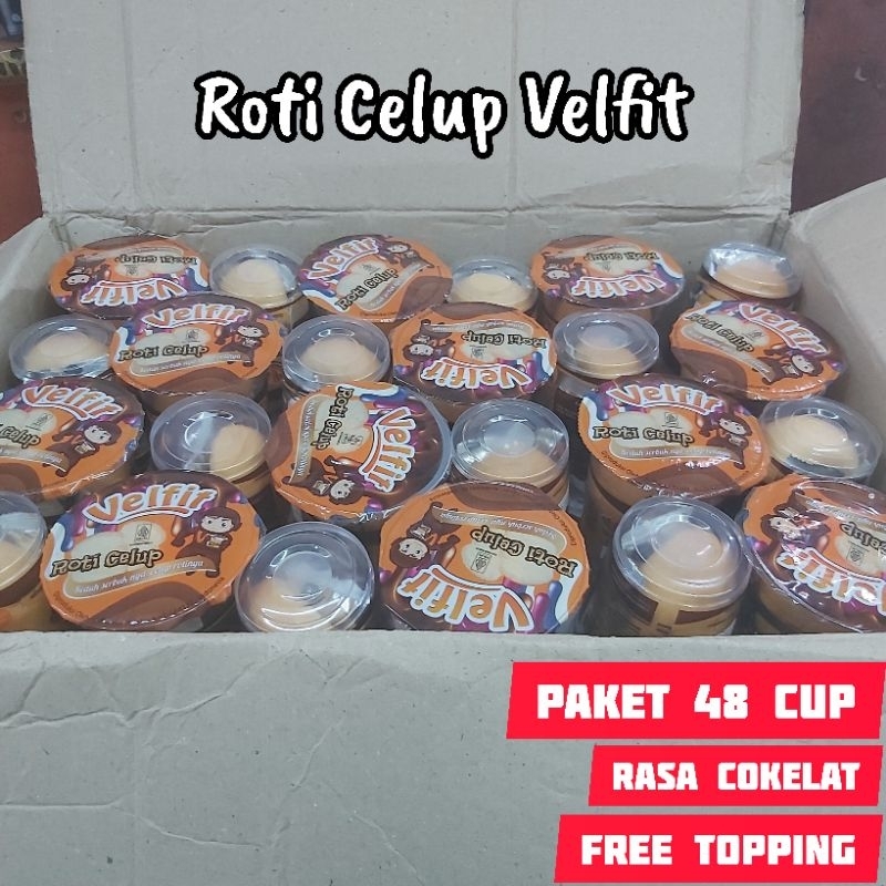 

Paket 48 Cup Roti Celup Velvit Rasa Coklat Free Topping Bundle Grosir