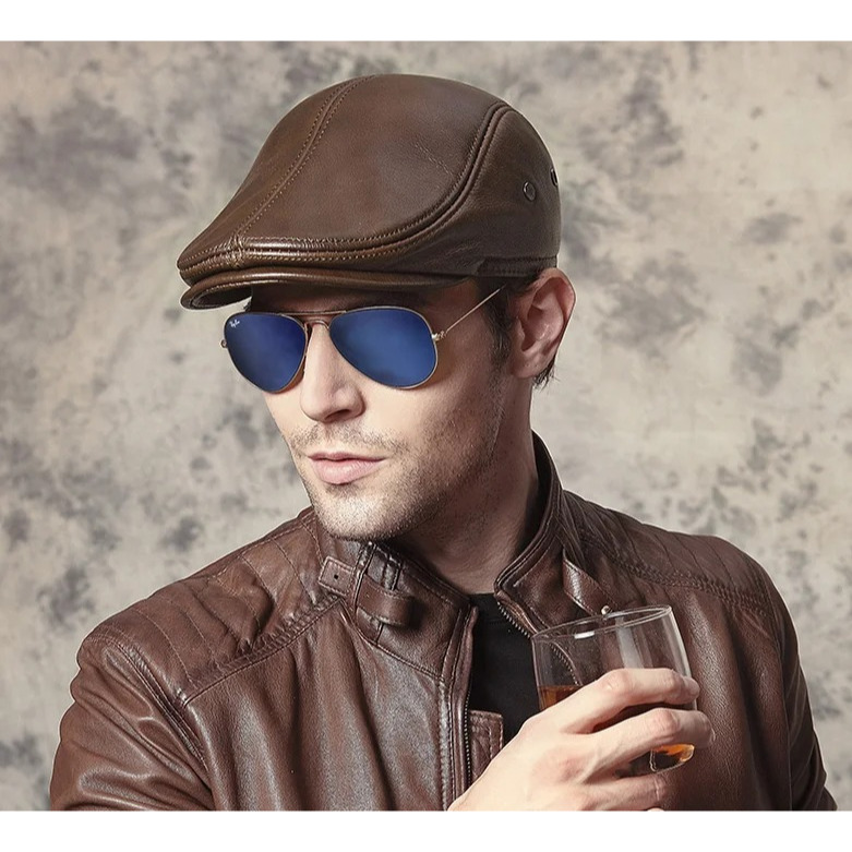 Topi kulit pria 3 Baret pria hangat Pelindung telinga topi ayah kulit asli 100%