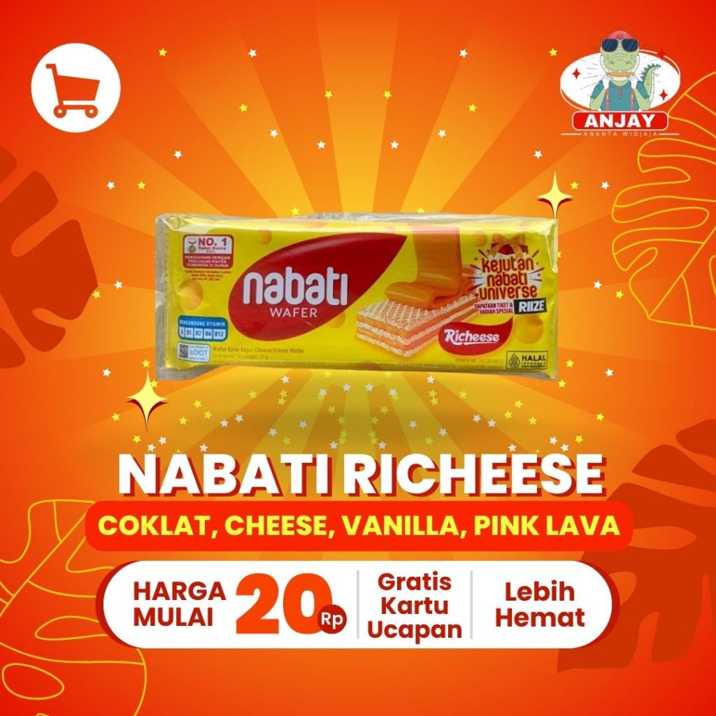 

Wafer Nabati Richeese 10 Pcs @ 7g - Varian Rasa Coklat, Cheese, Vanilla, Pink Lava