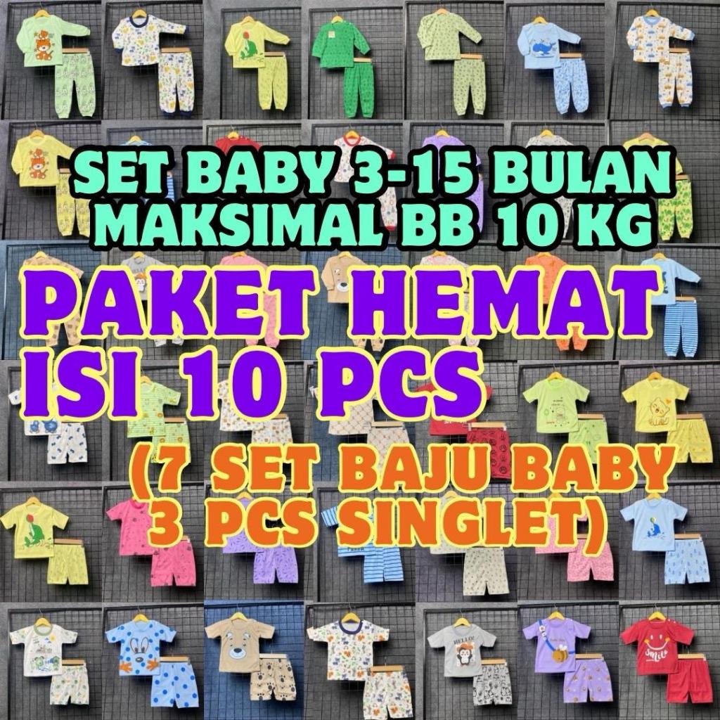 PROMO PAKET ISI 10 PCS ( 7 SET PAKAIAN BABY + 3 PCS KAOS DALAM ( Singlet ) 3-15 BULAN Max. BB 10 KG 