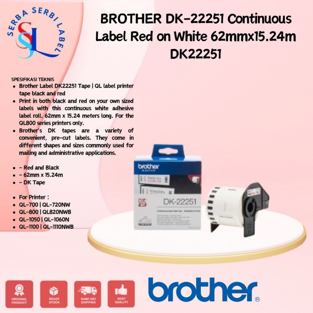 

BROTHER DK-22251 Continuous Label Red on White 62mmx15.24m DK22251