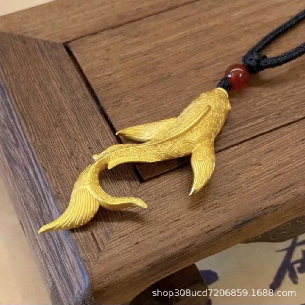 Kalung Ikan Koi Gold - Fish Carp Lucky Pendant + Chain Cord Prayer Necklace Buddha Miao Feng Shui Or