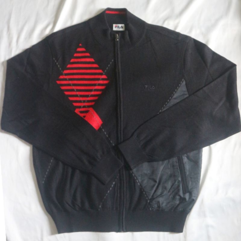 FILA Full Zipper Knitwear Jacket Sweater Rajut Jaket Full Resleting Black Hitam