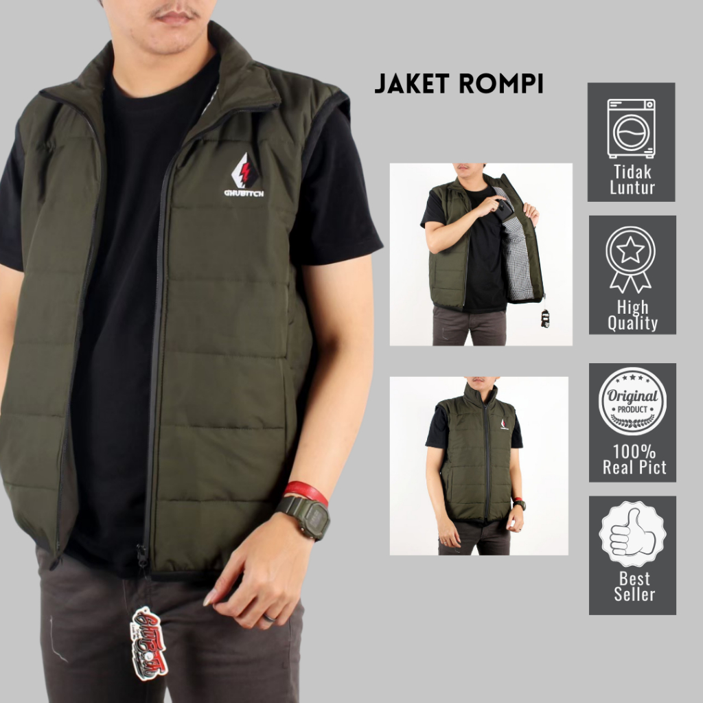 TERBARU!!! Jaket Rompi Pria keren Casual Vest Motor Anti Air Bahan Taslan Waterproof Warna Hijau Arm
