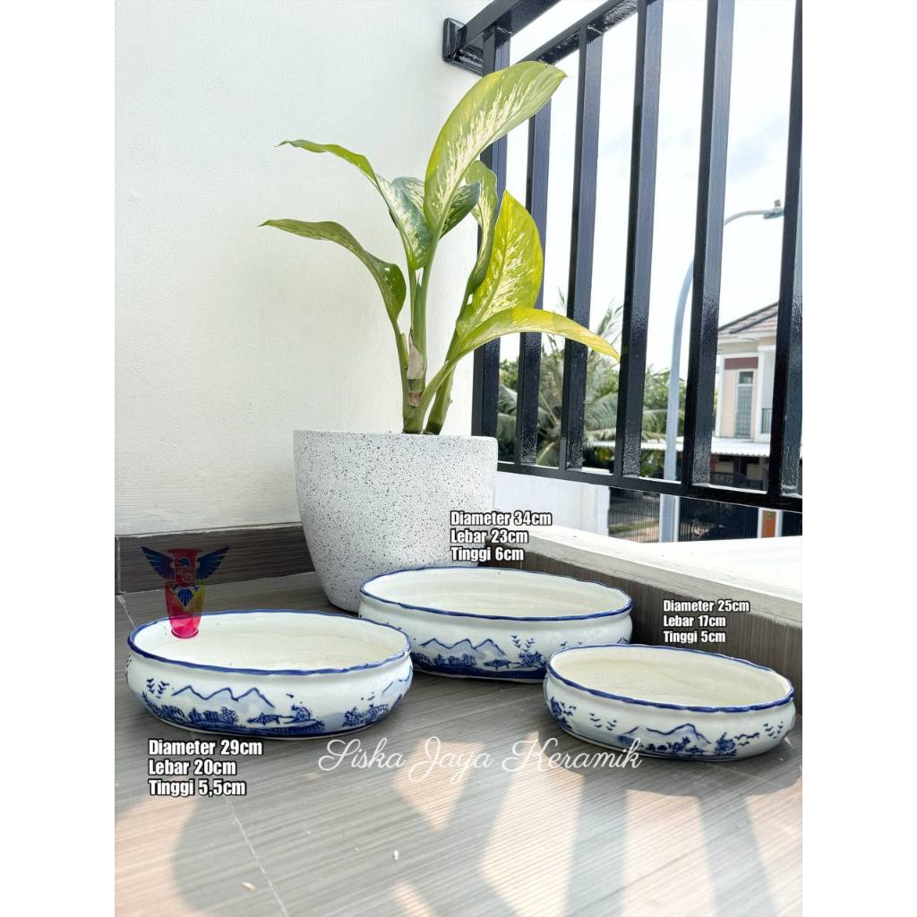 pajangan hiasan pot tanam bonsai set 3 oval motif pemandangan porselen keramik import