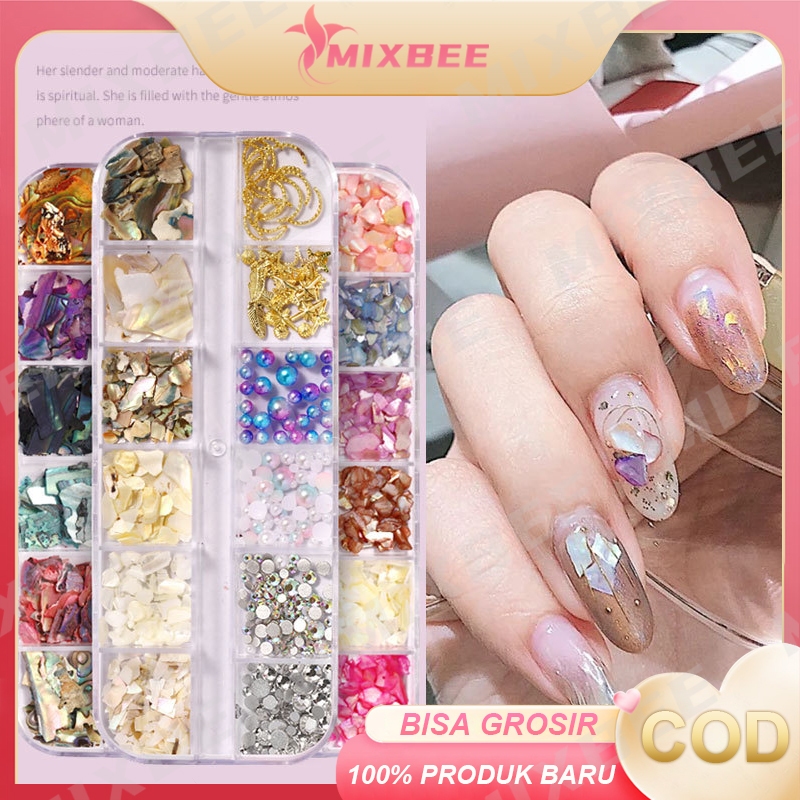 12 Grids/ Multi Warna Datar Glitter Berlian Imitasi 3D/ Manik-Manik Dekorasi Cangkang Seni Kuku Muti