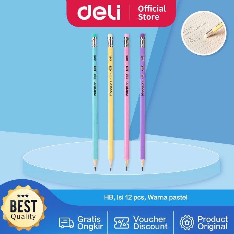 

Deli Graphite Pencil Pensil Kayu HB 12 Pcs Warna Pastel Lucu Penghapus diujung EC25HB KODE X6T5