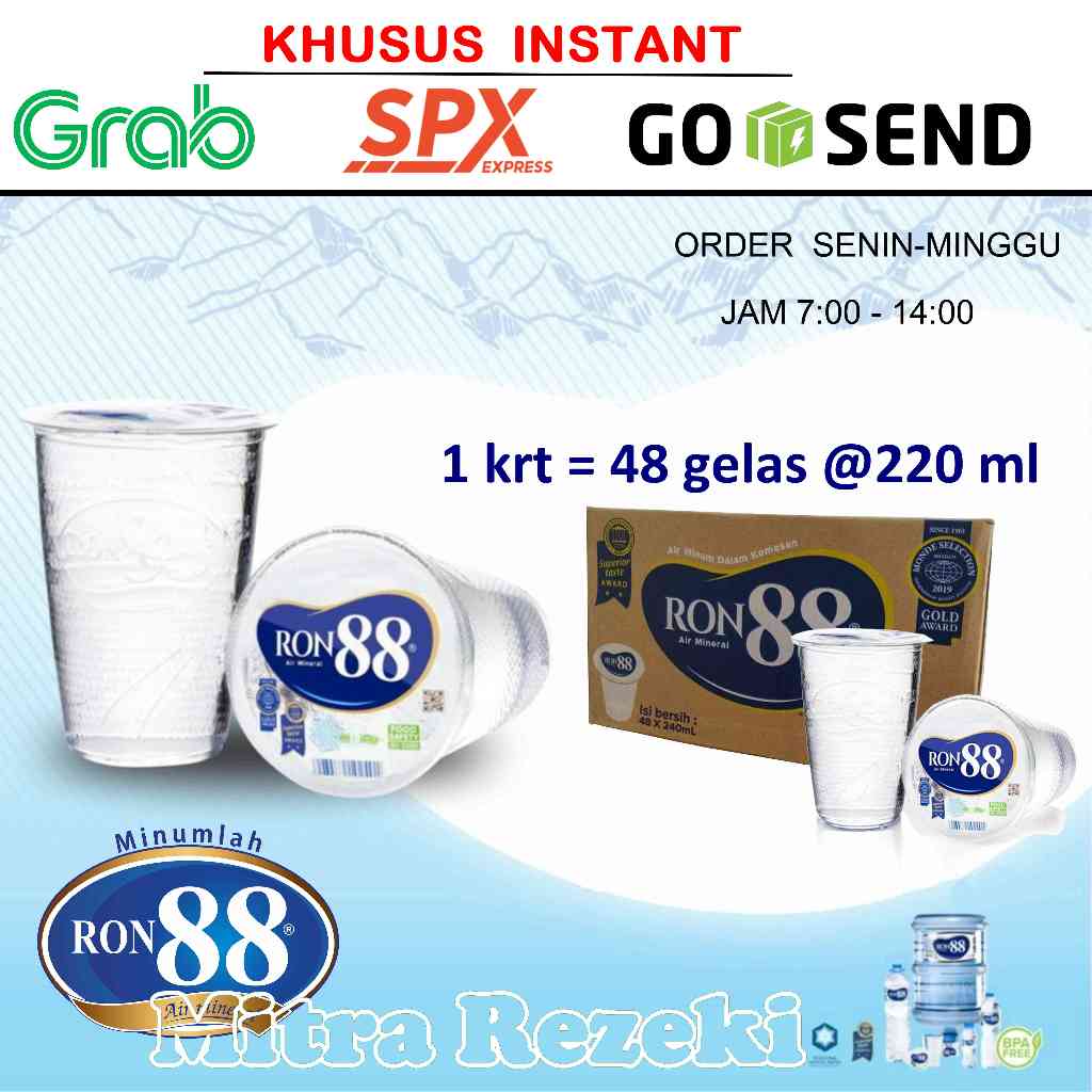 

RON88 200ml Gelas 1 Dus=48pcs AIR MINUM MINERAL RON 88 CUP