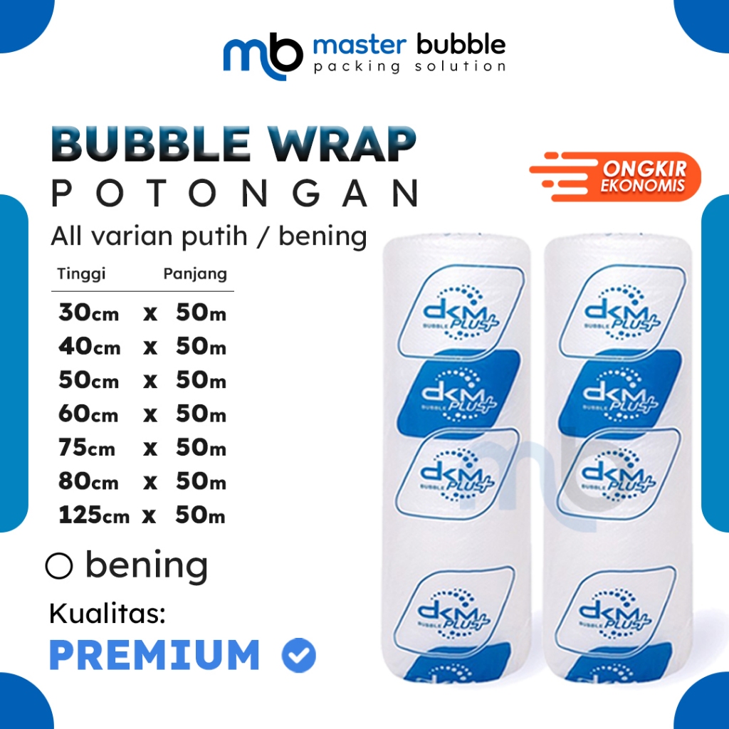 

Plastik Bubble Wrap DKM Potongan 30 40cm 50cm 60cm 75cm 80cm 125cm x 50meter Putih / Bening Premium