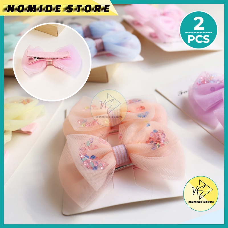 PESTA DISKON Jepit Rambut Korea Anak Perempuan 1 Set 2 Pcs Pita Manik Lucu Aksesoris Hiasan Jepitan 