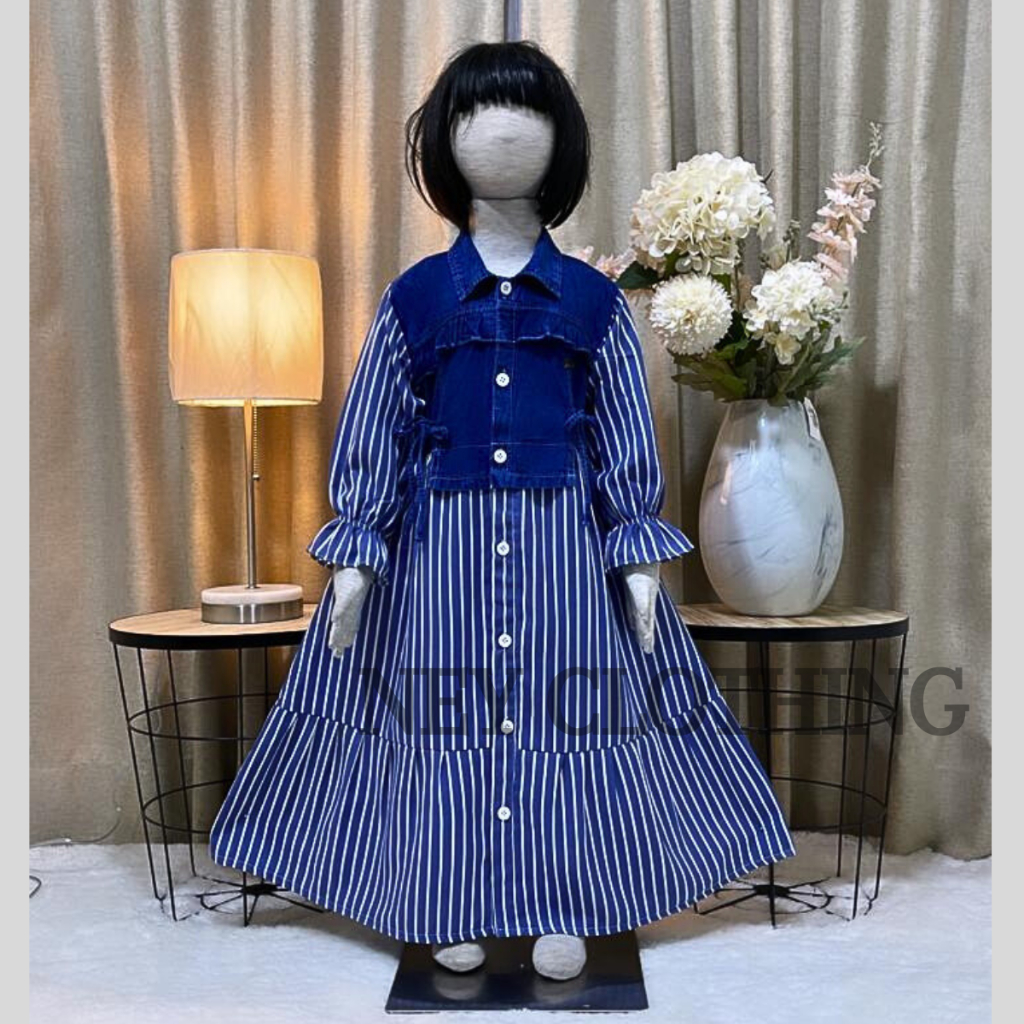 ✔️✔️ Baju Gamis anak perempuan terbaru 2024 kombinasi salur mix rompi jeans import usia 1 - 10 tahun