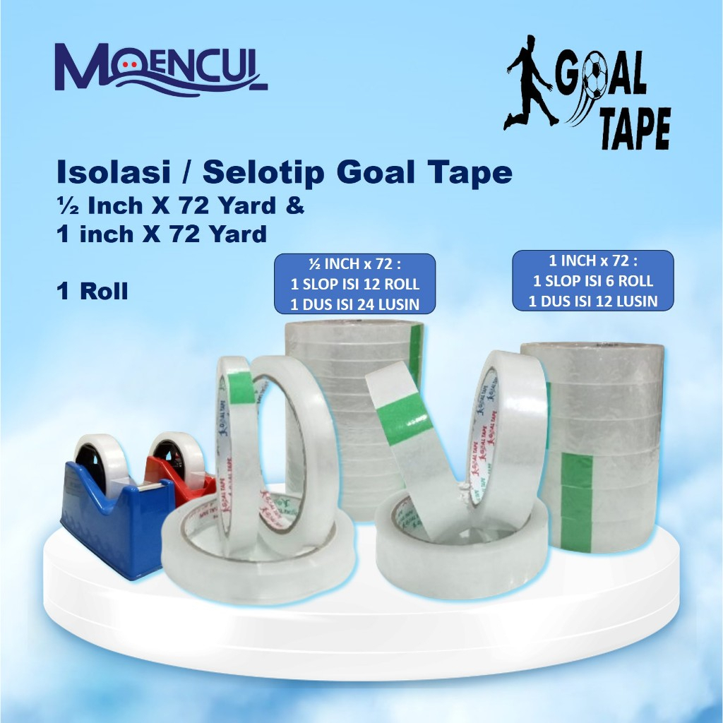 

1 Roll isolasi / Selotip Merk Goal Tape 1/2 inch x 72 Yard & 1 inch x 72 Yard / Moencul