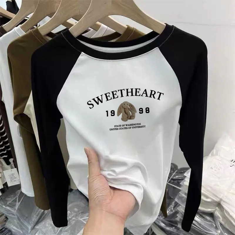 Korean Casual kaos crop lengan panjang | Surat Sablon SWEETHEART | Baju Atasan Wanita Sexy Crop Top 