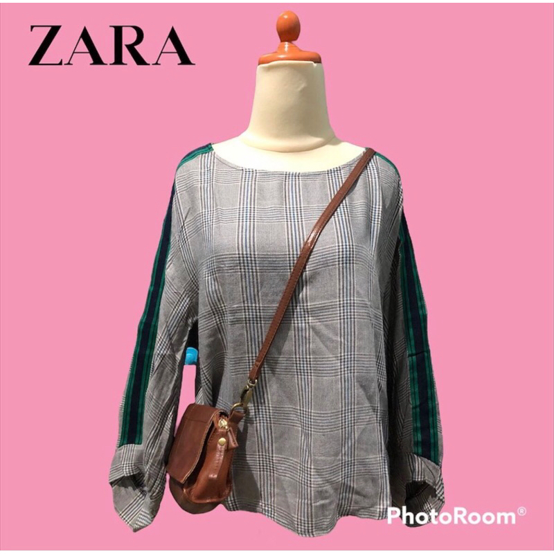 BLOUSE ZARA TARTAN LIST HIJAU